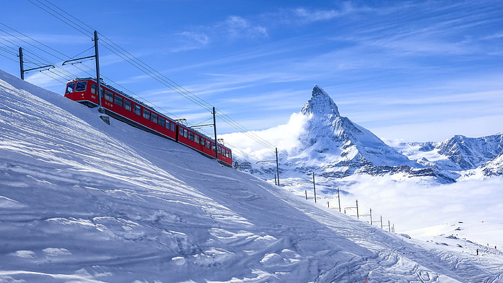 червен и черен влак, червен влак и бели планини през деня, Цермат, Швейцария, Алпи, сняг, влак, планини, Матерхорн, пейзаж, облаци, зима, природа, HD тапет
