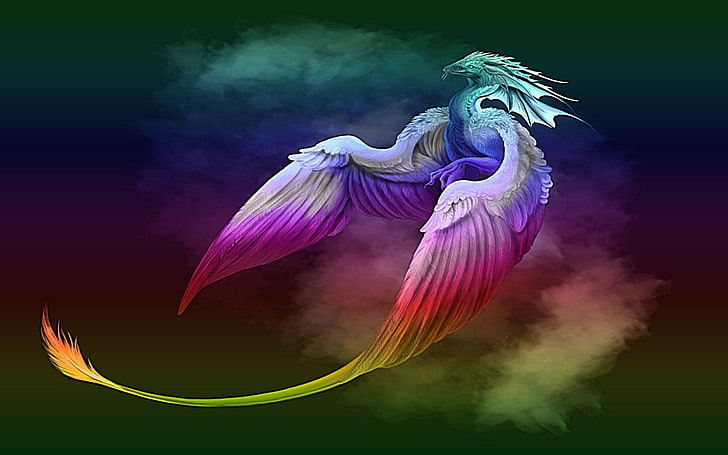 multicolored dragon illustration, Fantasy, Dragon, Phoenix, Rainbow, HD wallpaper