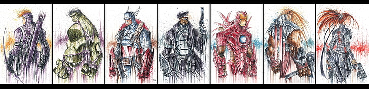 Marvel Avengers illustration, The Avengers, ritning, Hulk, Captain America, Iron Man, Thor, Black Widow, Hawkeye, HD tapet