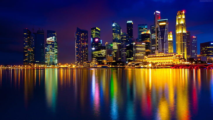 asia, marina bay, singapore, bay, reflection, night, city lights, darkness, cityscape, skyscraper, lights, HD wallpaper