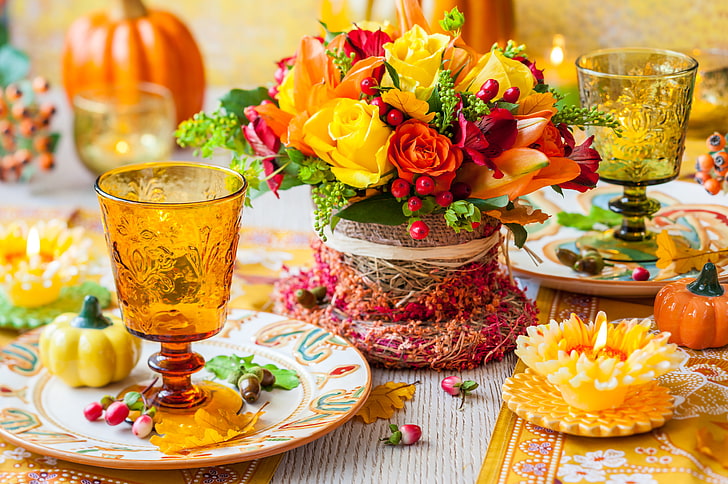 brown drinking glass, autumn, flowers, roses, candle, bouquet, decoration, table, berries, fall, HD wallpaper
