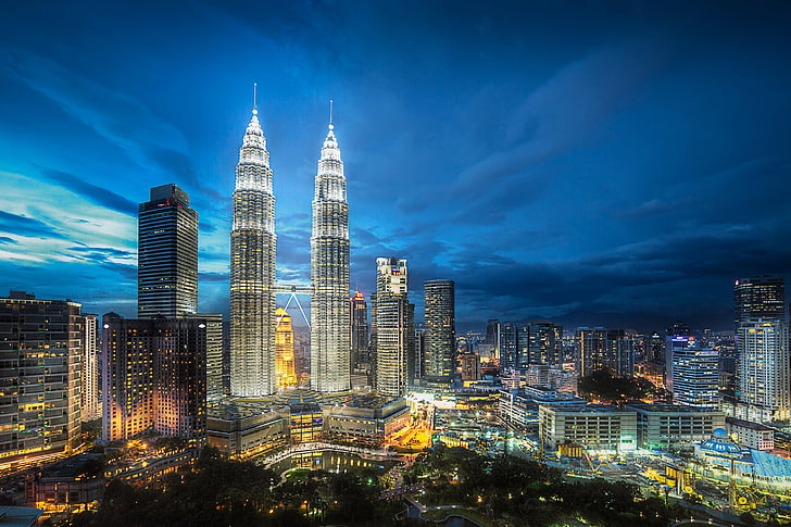 A torre Petronas, Malásia, cidades, casas, kuala, lumpur, malásia, megapolis, noite, arranha-céus, HD papel de parede