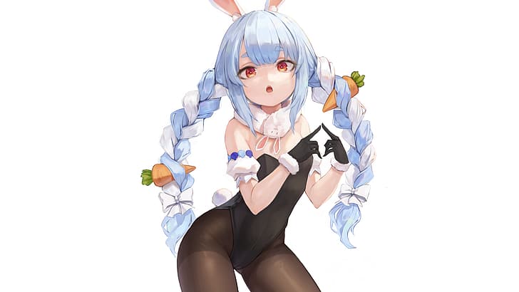 Usada Pekora, Hololive, Leviathan(Artists), YouTube, simple background, anime girls, anime, blue hair, twintails, bunny costume, bunny suit, leotard, pantihose, collar, looking at viewer, red eyes, HD wallpaper