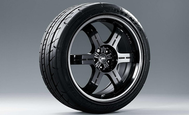 ruota auto a 5 razze nera con pneumatici, auto, sport, Nissan, Nissan GT-R, pneumatici, cerchi, Sfondo HD