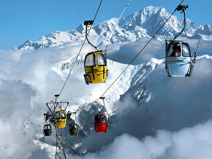 mountains, snow, ski lifts, clouds, HD wallpaper