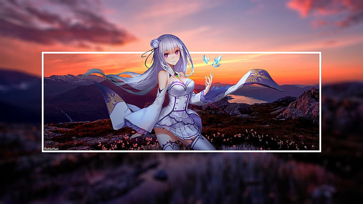 Anime, Anime Mädchen, Emilia (Re: Zero), Re: Zero Kara Hajimeru Isekai Seikatsu, Natur, Landschaft, Schenkelhöhen, HD-Hintergrundbild