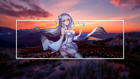 Anime, Anime Mädchen, Emilia (Re: Zero), Re: Zero Kara Hajimeru Isekai Seikatsu, Natur, Landschaft, Schenkelhöhen, HD-Hintergrundbild HD wallpaper