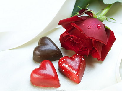 赤いバラの美しさの花心素敵なバレンタイン、赤いバラと3つのチョコレートの心、愛、バレンタインの日、バレンタイン、バレンタイン2014、バラ、花、心、 HDデスクトップの壁紙 HD wallpaper