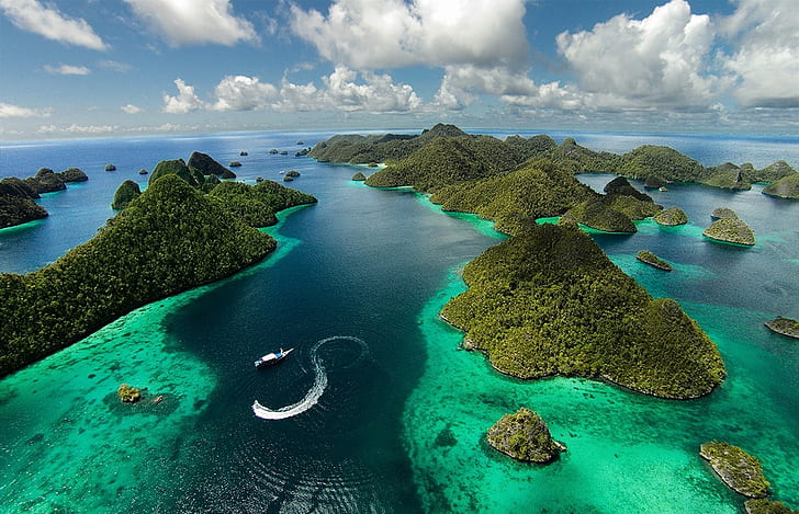 Indonesia, island, sea, Raja Ampat, tropical, aerial view, nature, tropical forest, landscape, boat, clouds, photography, HD wallpaper