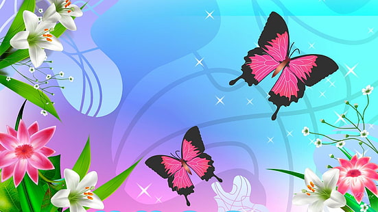 Adorant les papillons roses, illustration de deux papillons roses et noirs, personnage de Firefox, pastels, grand écran, papillons, papillon, été, fleurs, 3d et abstrait, Fond d'écran HD HD wallpaper