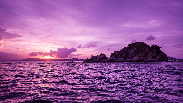 mar, isla, paisaje, puesta de sol, Fondo de pantalla HD