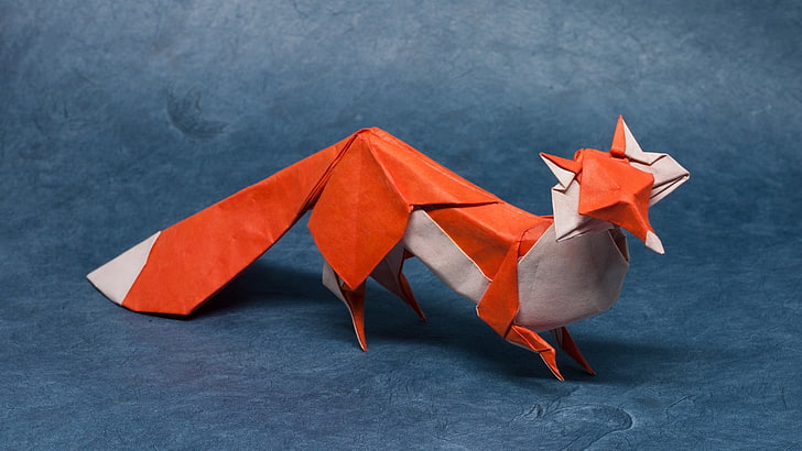 red and white origami fox, artwork, nature, origami, paper, simple background, the little prince, HD wallpaper
