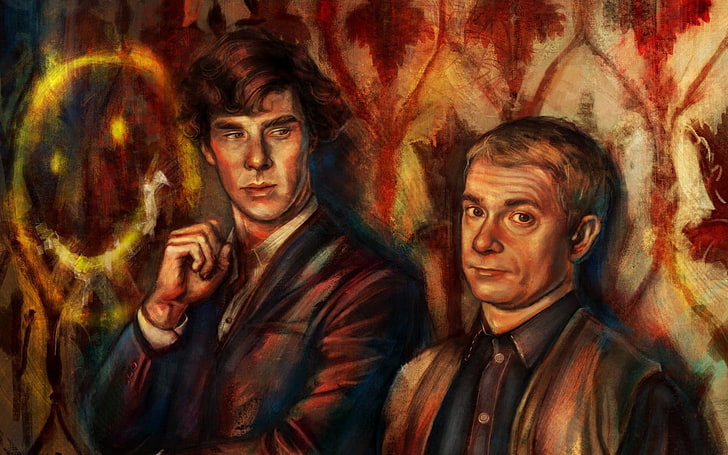 dwóch mężczyzn opierających się o malowanie ścian, Sherlock, Doctor John Watson, Benedict Cumberbatch, Martin Freeman, Tapety HD