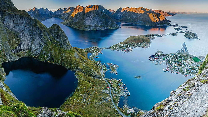 naturaleza, lago crater, paisaje de monte, tarn, lago glacial, lago, fiordo, montaña, cielo, reine, fotografía aérea, lofoten, noruega, Fondo de pantalla HD