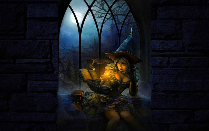 witch, magic, reading, women, night, fantasy girl, fantasy art, HD wallpaper