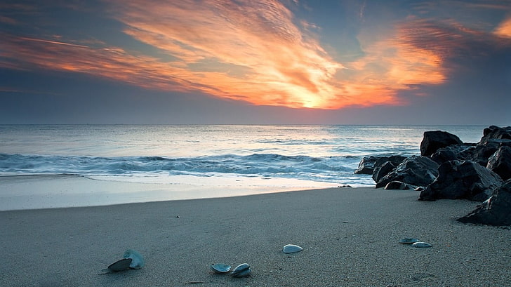 low angle-view of seashore, nature, sea, rock, sand, beach, Sun, HD wallpaper