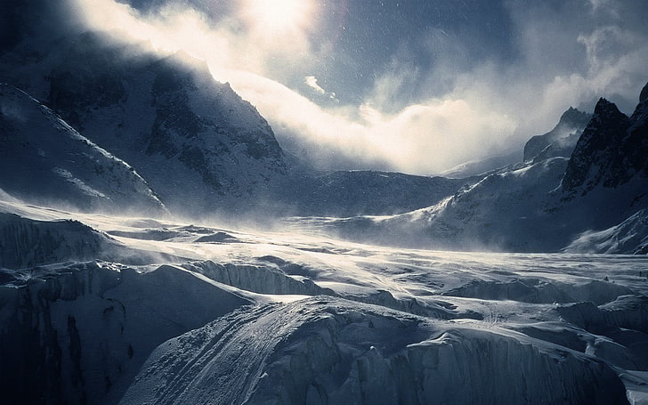 пейзаж със сняг и мъгла, зима, HD тапет