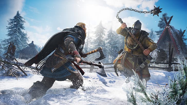 Assassin's Creed: Valhalla, videojuegos, arte de videojuegos, arte digital, vikingo, hacha, nieve, Fondo de pantalla HD