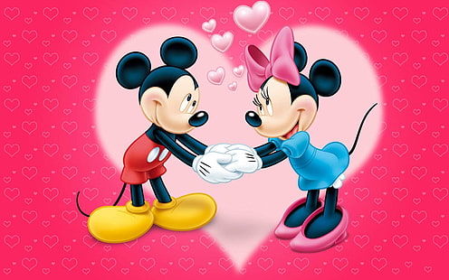 Myszka Miki i Minnie miłość para kreskówka czerwona tapeta z sercami tapeta hd na telefon komórkowy i tablet 3840 × 2400, Tapety HD HD wallpaper