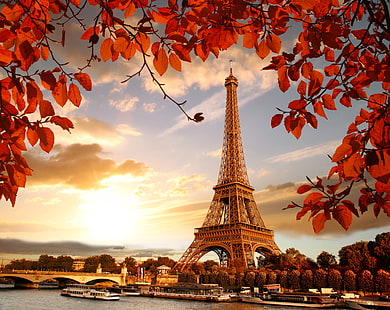 Menara Eiffel, Paris, musim gugur, Prancis, Paris, sungai, daun, Menara Eiffel, Cityscape, Wallpaper HD HD wallpaper