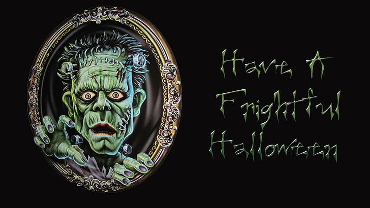 Have A Frightful Halloween, frightful, halloween, frankie, green, scary, 3d and abstract, HD wallpaper