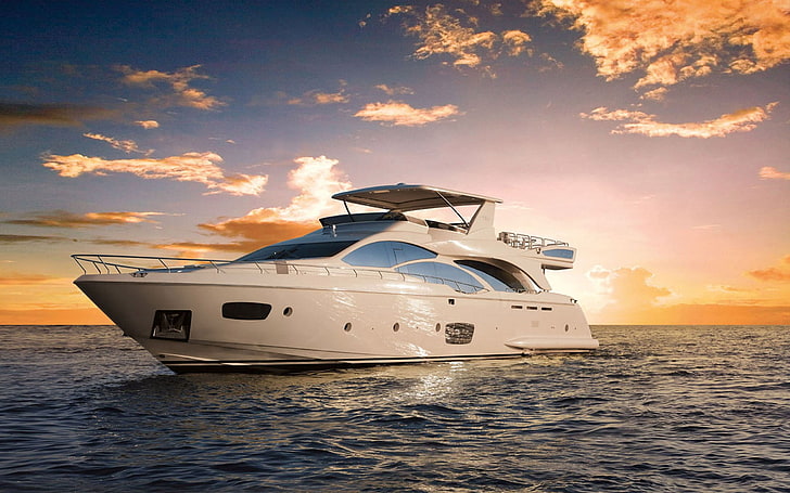 white yatch, yachts, Azimut, sea, sunset, boat, HD wallpaper
