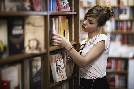 donne, libri, biblioteca, introverso, Sfondo HD HD wallpaper
