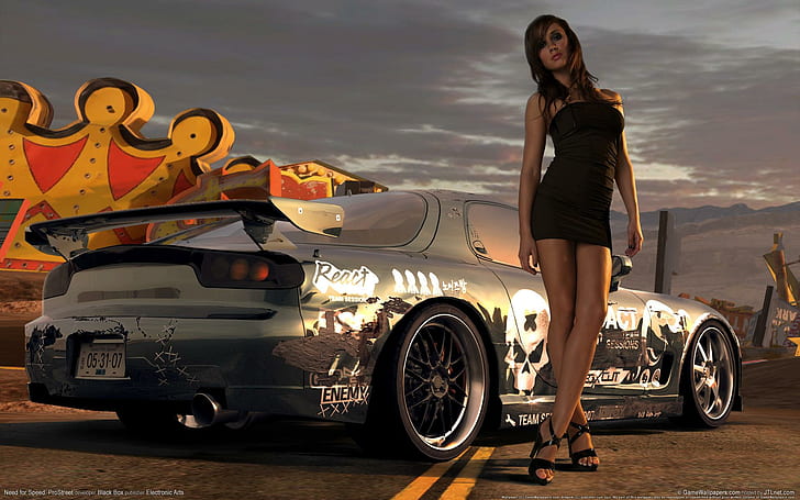 Need for Speed ​​Prostreet Mädchen, Frauen schwarzen trägerlosen Kleid, Mädchen, brauchen, Geschwindigkeit, Prostreet, andere Autos, HD-Hintergrundbild