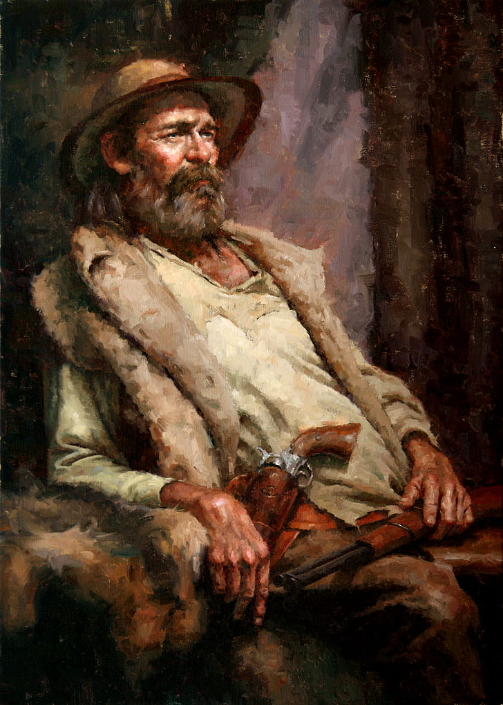 Stan Prokopenko, drawing, painting, High Noon, men, gun, old people, chair, HD wallpaper
