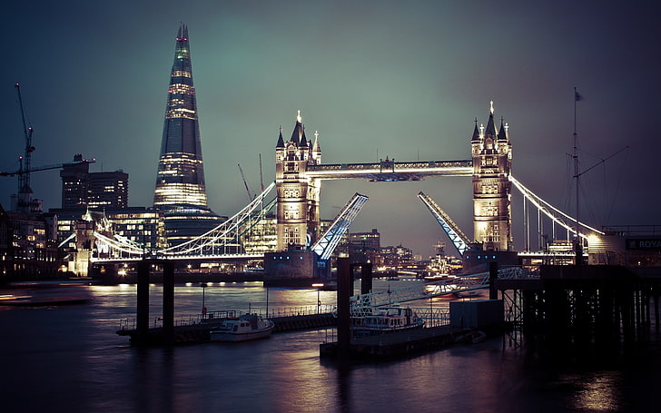 pont en béton gris, Londres, Tower Bridge, nuit, paysage urbain, ville, architecture, Angleterre, London Bridge, Fond d'écran HD