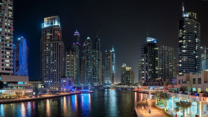 sea, light, booking, Dubai, landscape, Marina Yacth club, night, travel, vacation, lake, water, HD wallpaper