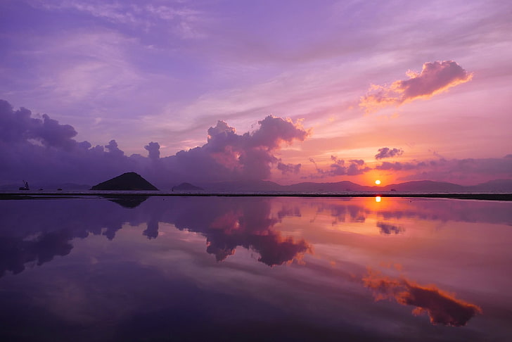 textile floral violet et blanc, paysage, nature, eau, coucher de soleil, nuages, reflet, miroir, Fond d'écran HD