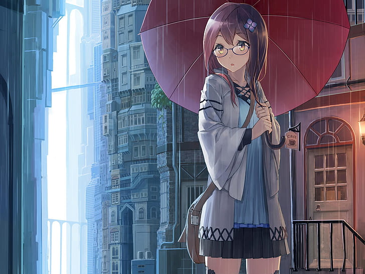 Anime Umbrella Rain Glasses HD, female anime character, cartoon/comic, anime, rain, umbrella, glasses, HD wallpaper