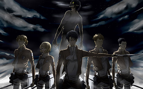 Атака върху плакат на Титан, Shingeki no Kyojin, Levi Ackerman, Eren Jeager, аниме, HD тапет HD wallpaper