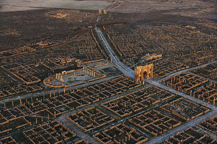 niebieski i brązowy dywan, ruiny, ruiny, miasto, krajobraz, Afryka, Leptis Magna, Tapety HD