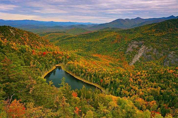 осень, лес, горы, озеро, панорама, штат Нью-Йорк, горы Адирондак, штат Нью-Йорк, Lake Joint Washbowl, Giant Washbowl, HD обои