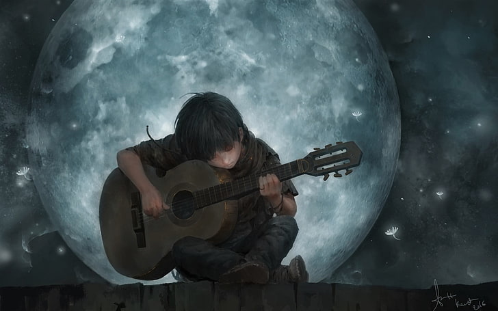 ギターアートを演奏する満月の夜に小さな男の子、 HDデスクトップの壁紙