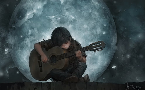 Little Boy On Full Moon Night Playing Guitar Art, HD wallpaper HD wallpaper