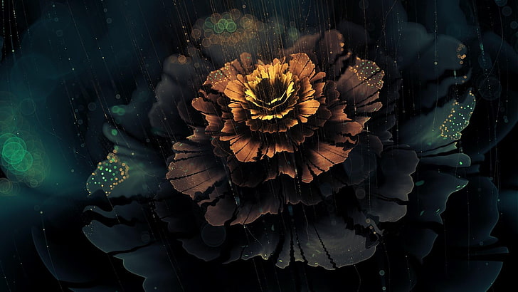 digital art, digital flower, rainy, lights, glittering, flower, HD wallpaper