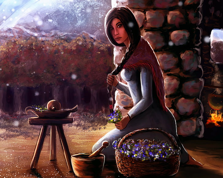 girl, house, fire, basket, chair, braid, grass, boiler, illustration to the book, mortar, Robert Jordan, The Wheel Of Time, Nynaeve, Mesopotamia, Wise, HD wallpaper