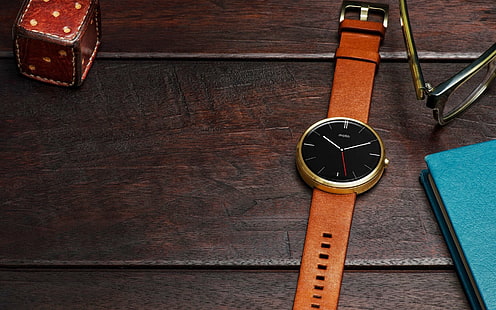 аналоговые часы золотого цвета с коричневым кожаным ремешком, motorola, moto 360, наручные часы, HD обои HD wallpaper