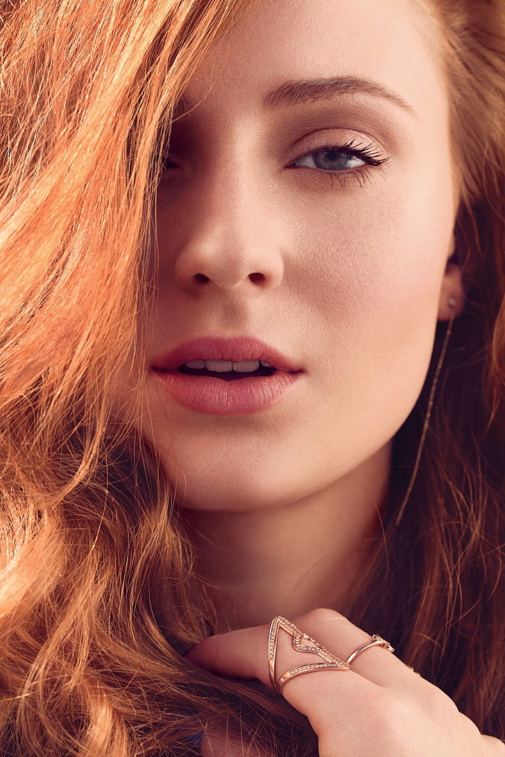 actress, women, redhead, Sophie Turner, looking at viewer, closeup, portrait display, face, portrait, rings, long hair, HD wallpaper