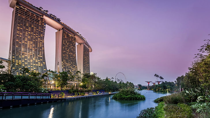 waterway, purple sky, sky, landmark, water, gardens by the bay, city, singapore, river, skyscraper, tree, marina bay sands, asia, skyline, marina bay, HD wallpaper
