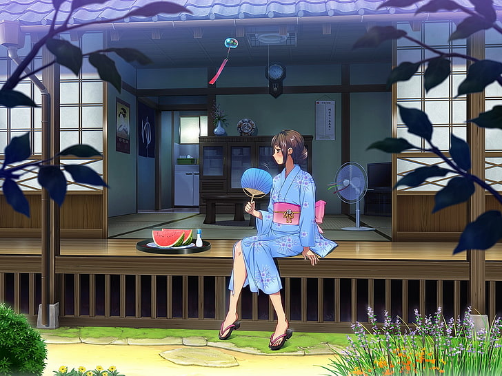 manga, kimono, anime girls, melons, HD wallpaper