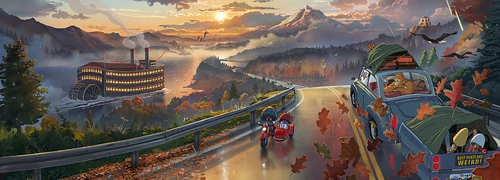 Oregon, Portland, voyage oregon, Studio Ghibli, Hayao Miyazaki, Yeti, sasquatch, squatch, peinture numérique, paysage, vacances, roadtrip, Fond d'écran HD