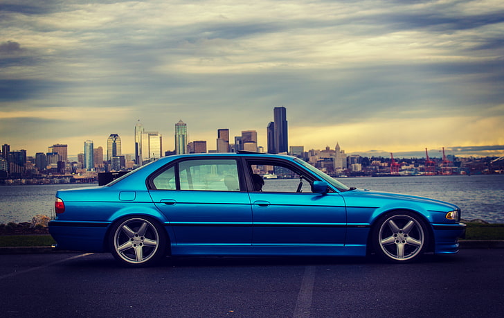 blue sedan, the city, BMW, promenade, Boomer, e38, 750il, bimmer, HD wallpaper