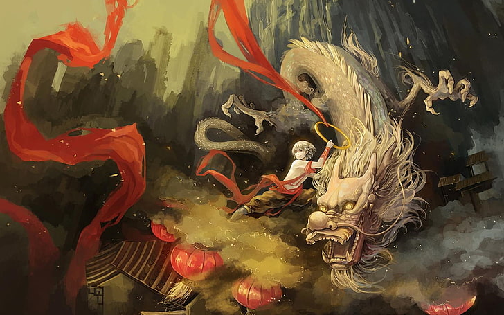 لوحة للإنسان وتنين ليندورم ، التنين الصيني ، نزهة ، رحلة إلى الغرب ، الأساطير الصينية، خلفية HD