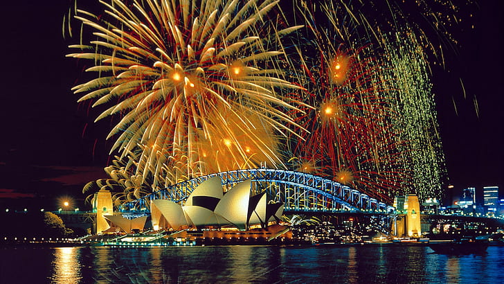 Sydney, Sydney Opera House, Australia, puente, fuegos artificiales, Fondo de pantalla HD