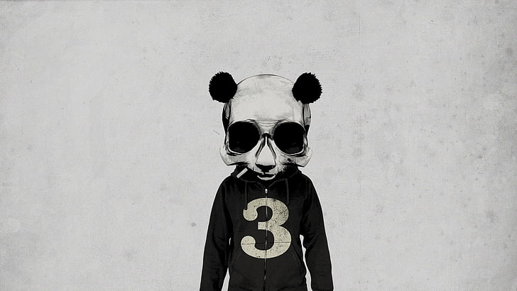 chaqueta negra con cremallera, persona con chaqueta negra y casco con cabeza de panda, calavera, minimalismo, ilustraciones, Fondo de pantalla HD