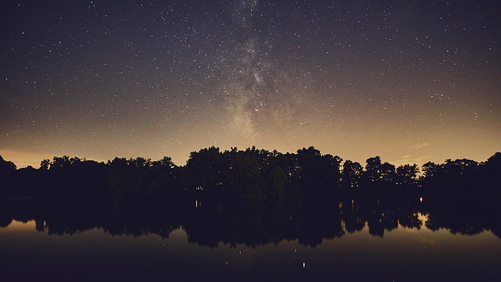 ภาพเงาของต้นไม้ใกล้แหล่งน้ำทางช้างเผือกดวงดาวน้ำธรรมชาติต้นไม้กลางคืนแสงสะท้อน, วอลล์เปเปอร์ HD